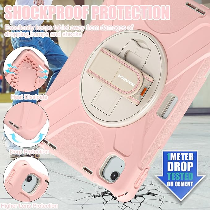 BRAECNstock Kids Case for iPad Air 11 inch (M4/M3/M2)/ Air 5th/4th Gen/Pro 11 inch 4th/3rd/2nd/1st Gen, Shockproof Protective with Pen Holder, Rotating Hand Strap+Stand, Shoulder Strap, Sakura Pink