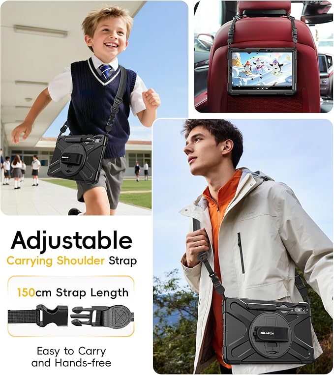 BRAECN Case for Samsung Galaxy Tab S10 Lite/S10 FE/S9 FE 5G 10.9"& S9/S8/S7 11",Heavy Duty Shockproof Silicone Cover with 360 Rotating Stand &Hand Strap, Kickstand, Shoulder Strap, S Pen Holder, Black