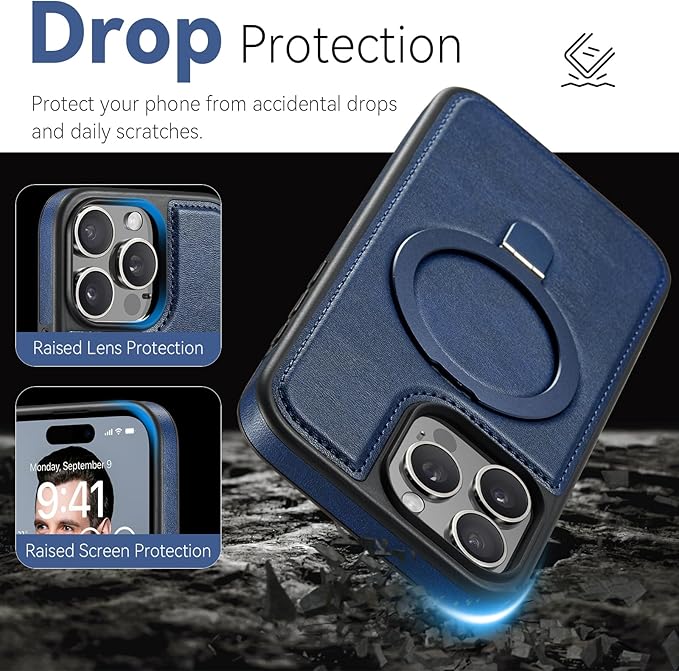 Compatible with iPhone 15 Pro Case with Stand, Compatible with MagSafe, Slim PU Leather & Durable TPU Protective Cover Drop-Proof with Tempered Glass Screen Protector 6.1", Blue