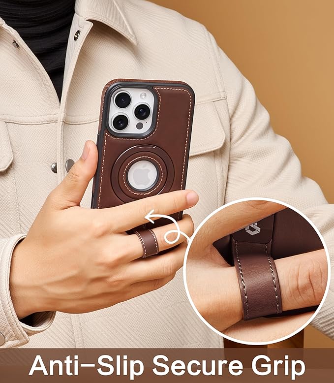 Butaiga for iPhone 15 Pro Max Leather Case with Stand, Anti-Slip Grip Ring, Fits for MagSafe (Cocoa, iPhone 15 Pro Max)