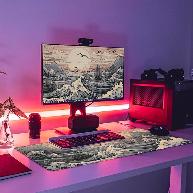 Japanese Sea Waves Large Gaming Mouse Pad,XL Mouse Pad Gaming Mouse Mat Desk Pad,31.5 x 11.8in Desk Mat Anime Mouse Pads for Desk,Extended Keyboard Pad Mousepad with Non-Slip Base and Stitched Edge