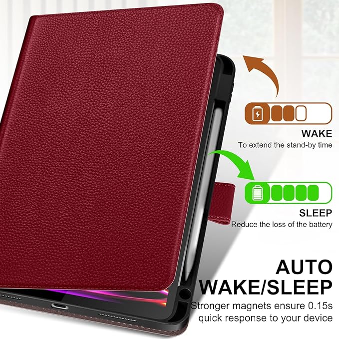 Genuine Leather Case for iPad Pro 11 Inch 4th/3rd/2nd/1st Generation 2022/2021/2020/2018 | with Pencil Holder and Adjustable Stand, Magnetic Closure, Auto Wake/Sleep Cover | Wine Red