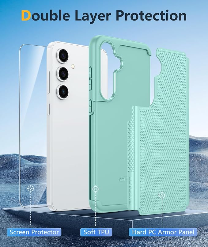 FNTCASE for Samsung Galaxy S24-FE Case: Dual Layer Protective Heavy Duty Cell Phone Cover | Shockproof Rugged with Non-Slip Textured | Military Grade Drop Protection Bumper Tough (Mint Green)