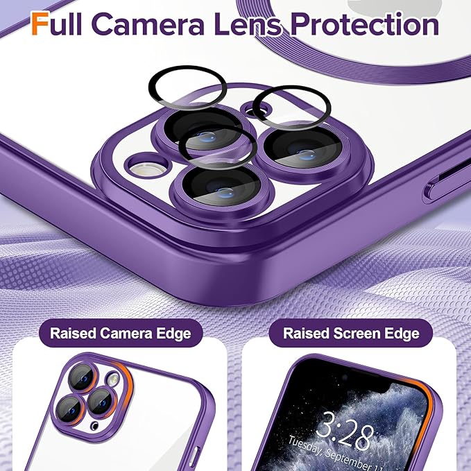 Hython Magnetic Clear for iPhone 11 Pro Max Case with Camera Lens Protector [Compatible with MagSafe] Plating Edge Slim Soft TPU Cover Protective Phone Case for iPhone 11 Pro Max 6.5", Matte Purple