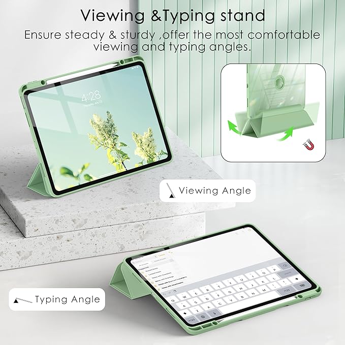 Soke for New iPad Air 13 Inch Case (M3 2025/M2 2024) with Pencil Holder, [Auto Wake/Sleep + Camera Protection] Shockproof Cover with Clear Transparent Back for Apple iPad Pro 12.9", Matcha Green
