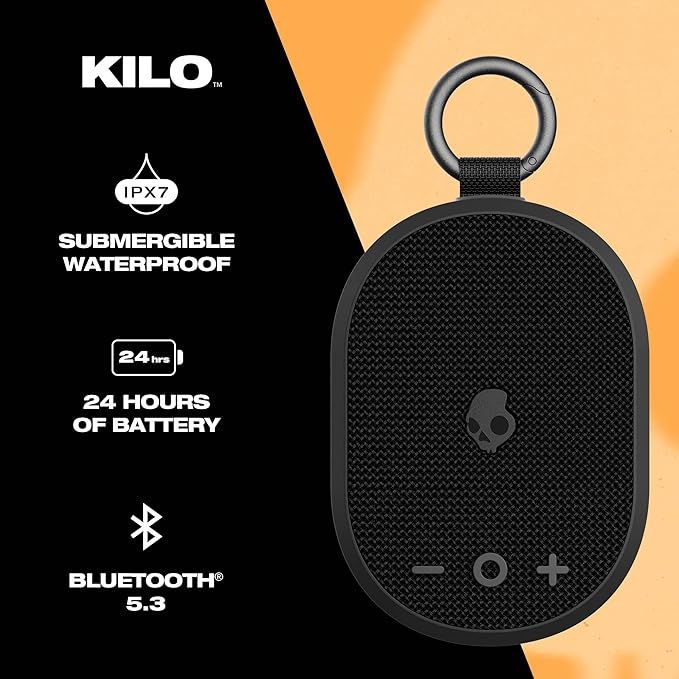 Skullcandy Kilo Wireless Bluetooth Speaker - IPX7 Waterproof Mini Bluetooth Speaker with 24 Hour Battery, Downward Firing Passive Radiator, and True Wireless Pairing - Perfect for Outdoor (Black)