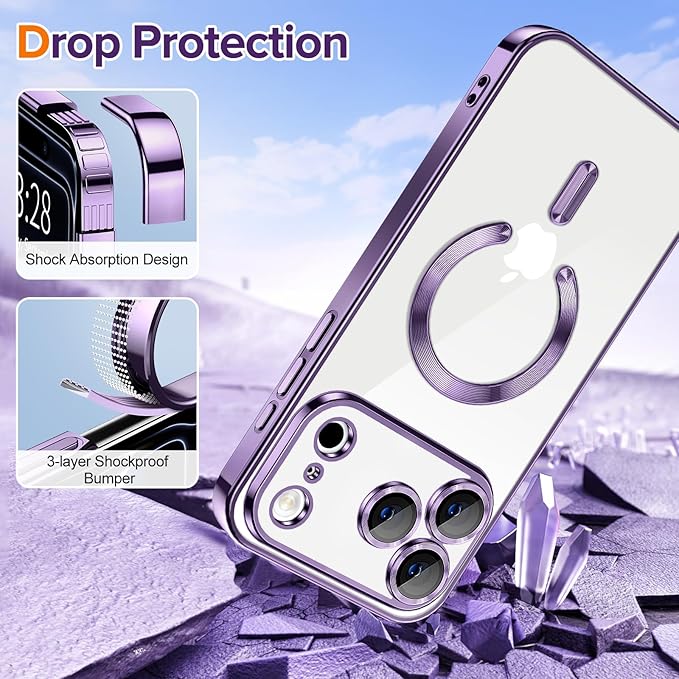 Hython Magnetic Clear for iPhone 17 Pro Case with Camera Lens Protector [Compatible with MagSafe] Luxury Plating Edge Slim Soft TPU Cover Protective Phone Case for iPhone 17 Pro 6.3", Deep Purple