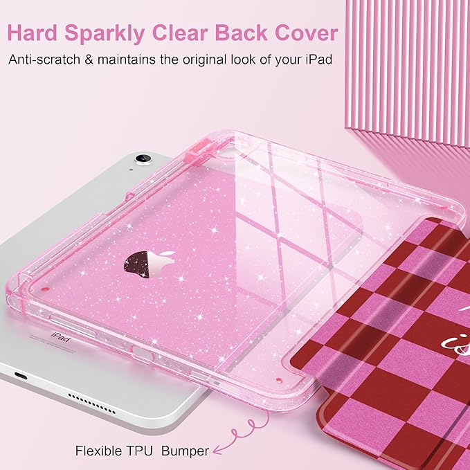 DONGKE for iPad Pro 11 inch Case – Fits M5 2025 / M4 2024, Shockproof Sparkling Glitter Acrylic Back, Pencil Holder, Trifold Stand, Auto Sleep/Wake & Touch ID Support - Red Checkerboard