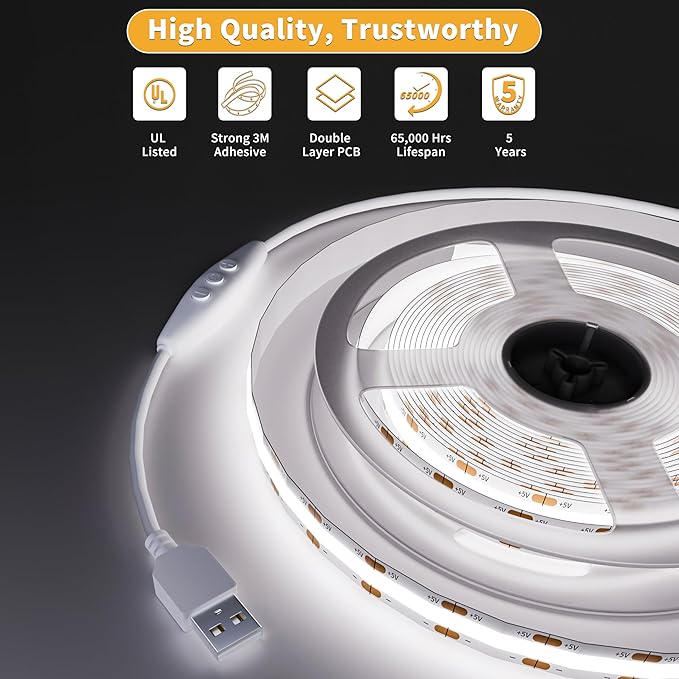PAUTIX 5V USB COB LED Strip Light 6.56ft/2m 1200lm, Dimmable 640LEDs 6000K Daylight White CRI90+ with RF Remote TV Backlight,Flexible Under Cabinet Tape Light for Bedroom,Kitchen,Home DIY Lighting