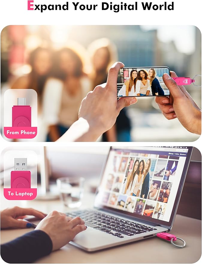 MOSDART 64GB Dual USB 3.2 Type-C Flash Drive, 150MB/S Thumb Drive with Keychain and LED Light, exFAT Memory Stick for iPhone 15, 16 and 17, iPad, Android Phone, MacBook, Laptop, Hot Pink