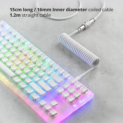 GUNMJO Pro Custom Coiled USB C Cable for Gaming Keyboard, Double-Sleeved Mechanical Keyboard Cable with Detachable Metal Aviator, 1.5M USB-C to USB-A, White Color