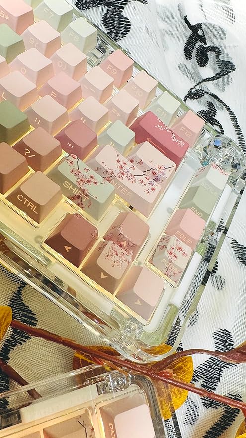 Peach Blossom Keycaps Side Print Custom Cherry Profile PBT Shine Through Keycaps Pink Green 128 Keys for Mechanical Keyboards 60% 65% 75% Backlit Key Caps