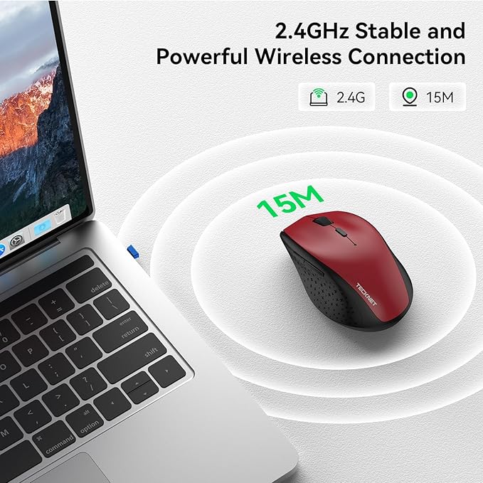 TECKNET Wireless Mouse, 2.4G USB Computer Mouse with 6-Level Adjustable 4800 DPI, 30 Months Battery, Ergonomic Grips, 6 Buttons Portable for PC, Chromebook, Mac (Red)