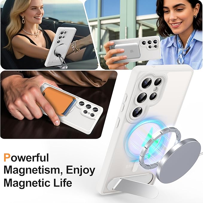 Magnetic for Samsung Galaxy S25 Ultra Case, [Compatible with MagSafe][Full Camera Protection][Built-in Invisible Kickstand] Translucent Matte Phone Case for S25 Ultra 6.9" - White