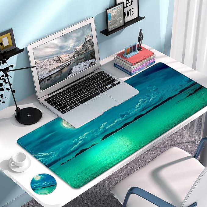 Large Gaming Mouse Pad with Coaster, Desk Matt for Desktop, Desk Pad, Mouse Pads Mat, Stitched Edges Big Extended Mousepad for Computer Keyboard Laptop Office Decor, 31.5'' x15.6''-Moon Ocean