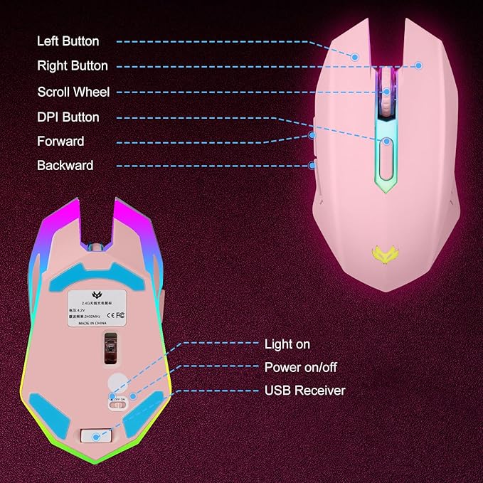Wireless Gaming Mouse, Rechargeable Computer Mouse, 7-Color LED Light, Ergonomic Mouse with 6 Silent Click Buttons, 3 Adjustable 2400 DPI Wireless Mouse for Laptop,PC,Mac, Pink