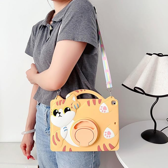 3D Cute Vivid Cat Case for iPad Air 6th/7th 11 inch 2024/2025 M2/M3(6th/7th Generation),Kawaii Cartoon Character Pretty Cat Soft Silicone Rotating Stand Case with Lanyard for Kids Teens Girls Women