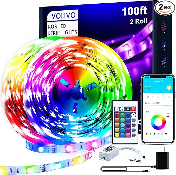VOLIVO 100ft Led Strip Lights for Bedroom, Color Changing Led Light Strips Kit with Bluetooth App Control and IR Remote, RGB Music Sync Lighting for Room, Home Decor