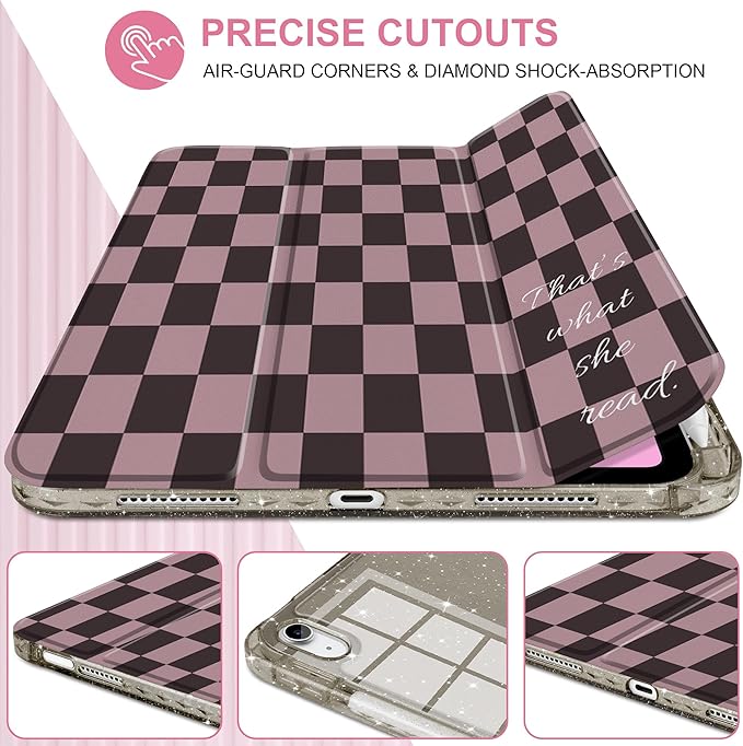 DONGKE for iPad Pro 11 inch Case – Fits M5 2025 / M4 2024, Shockproof Sparkling Glitter Acrylic Back, Pencil Holder, Trifold Stand, Auto Sleep/Wake & Touch ID Support - Brown Gingham
