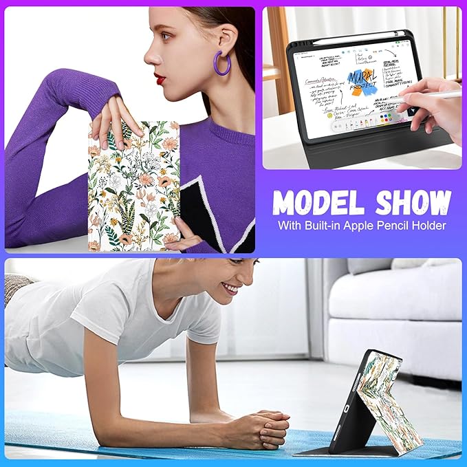 Uppuppy for iPad Pro 11 Inch Case 2024 - Women Girls Cute Folio Smart Cover with Pencil Holder Flower Floral Girly Pretty Kawaii Kids Unique for iPad Pro 11 M4 Cases A2836 A2837 A3006
