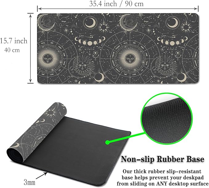 Big Mouse Pad Black Gaming Mousepad Computer Desk Accessories for Men Keyboard Mats Computer Pad Non-Slip Rubber Base 35.4 X 15.7 for Game Office, Vintage Engraved Witch Style