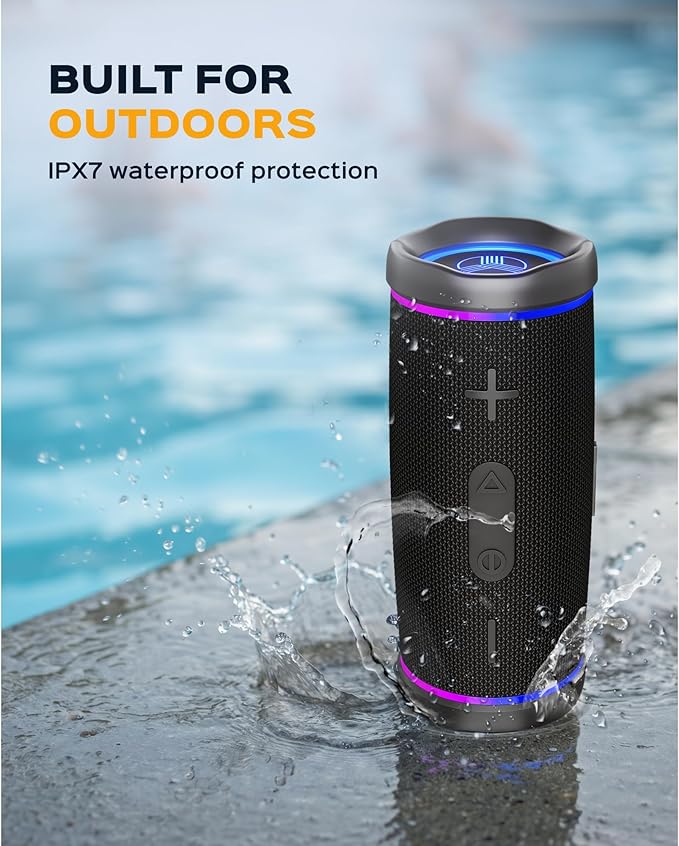 TREBLAB HD77 – Waterproof Bluetooth Speaker, 30W Loud 360° Sound, Deep Bass, IPX7, TWS Pairing, RGB Lights, 20H Battery, Portable Wireless Speaker for Outdoor, Beach, Camping, Party, Travel