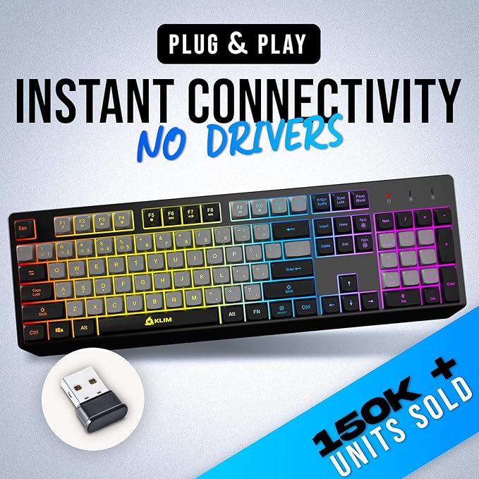KLIM Chroma Wireless Keyboard – RGB Backlit Gaming, Rechargeable Battery, PC Keyboard, Durable & Water-Resistant, Compatible with PS4, PS5 & Mac - Black