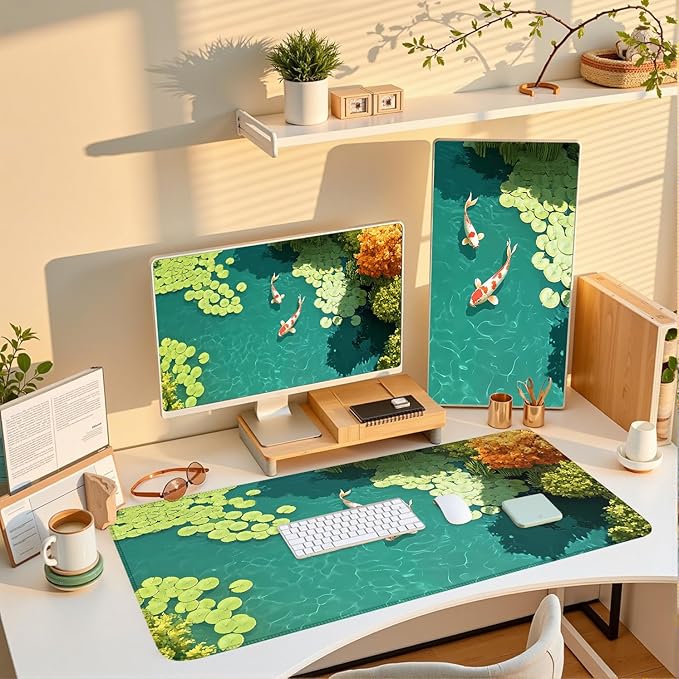 Japanese Koi Fish Desk Mat Pad XXL Large Lofi Serene Pond Playmat Gaming Mouse Pad Desktop Mat for Office,Computer,Keyboard,Laptop and Home 31.5 X 15.7inch