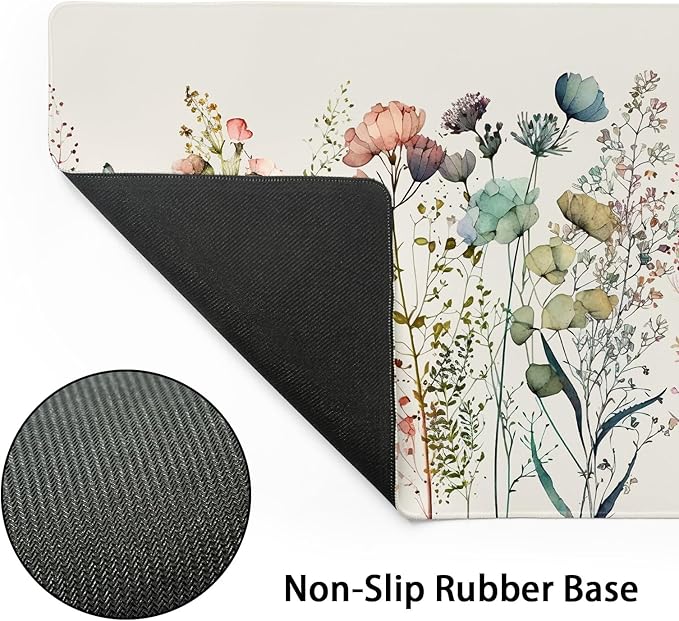 Cute Wild Flowers Mouse Pad XL Boho Aesthetic Floral Chic Plant Extended Table Mat 80X30cm Non-Slip Rubber Base Stitched Edge Large Mousepad for Desk Gaming Laptop Desk Top,31.5×11.8 Inch