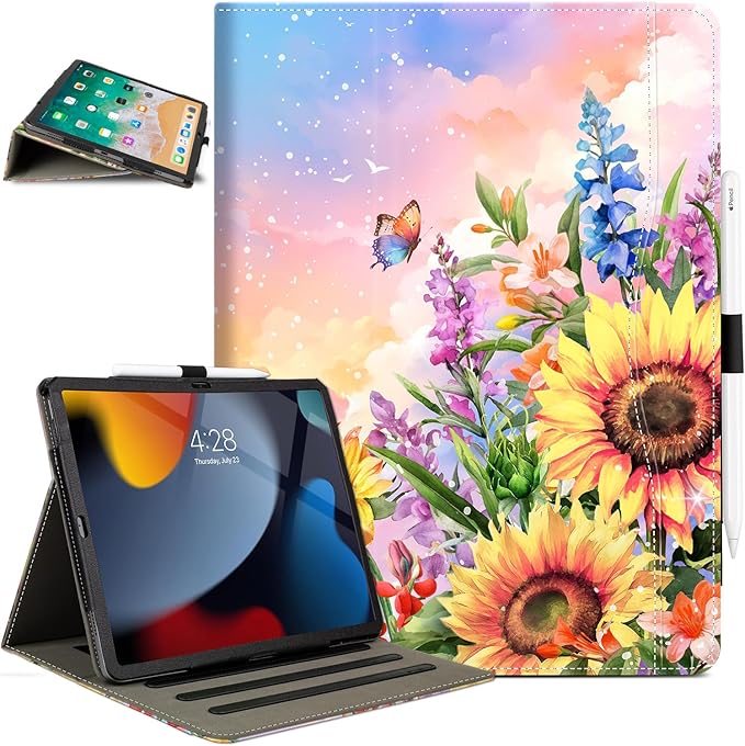 Lokigo Case for iPad Pro 13 Inch (M5/M4), for iPad Air 13 Inch (M4/M3/M2), for iPad Pro 12.9 Inch (6th/5th/4th/3rd) Gen, Typing Stand, Build with Pencil Holder/Card Pocket, Auto Wake/Sleep, Sunflower