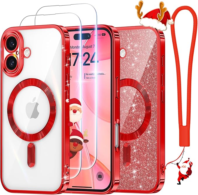 Meifigno for iPhone 16 Plus Case 6.7", [Glitter Card & Wrist Strap] [Compatible with MagSafe] [2X Screen Protectors] Surround Lens Protection Designed for 16 Plus Case, Christmas Red