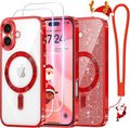 Meifigno for iPhone 16 Plus Case 6.7", [Glitter Card & Wrist Strap] [Compatible with MagSafe] [2X Screen Protectors] Surround Lens Protection Designed for 16 Plus Case, Christmas Red