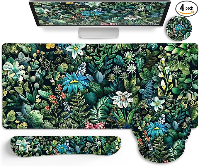 LIMKRIAN Floral Mouse Pad Large Desk Mat Set, Green Ergonomic Mouse Pad with Wrist Rest Keyboard Wrist Support XXL Mousepad Cup Coaster Set, Cute Green Office Desk Accessories Decor Supplies