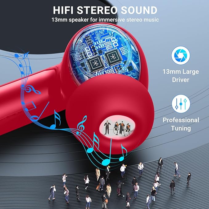 Wireless Earbuds, 2024 Wireless Headphones HiFi Stereo Earphones with 4 ENC Noise Canceling Mic, 42Hs Playtime In Ear Earbud, Bluetooth 5.3 Sport Earphones with LED Power Display for Android iOS Red