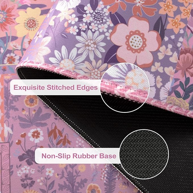 HAOCOO Rose Desk Cover Mat, Cute Floral Keyboard Mat with Stitched Edges, Pink Non-Slip Table Mat Desk Protector for Home Decor, 35.4“ x 15.7" Waterproof Mouse Pad for Office