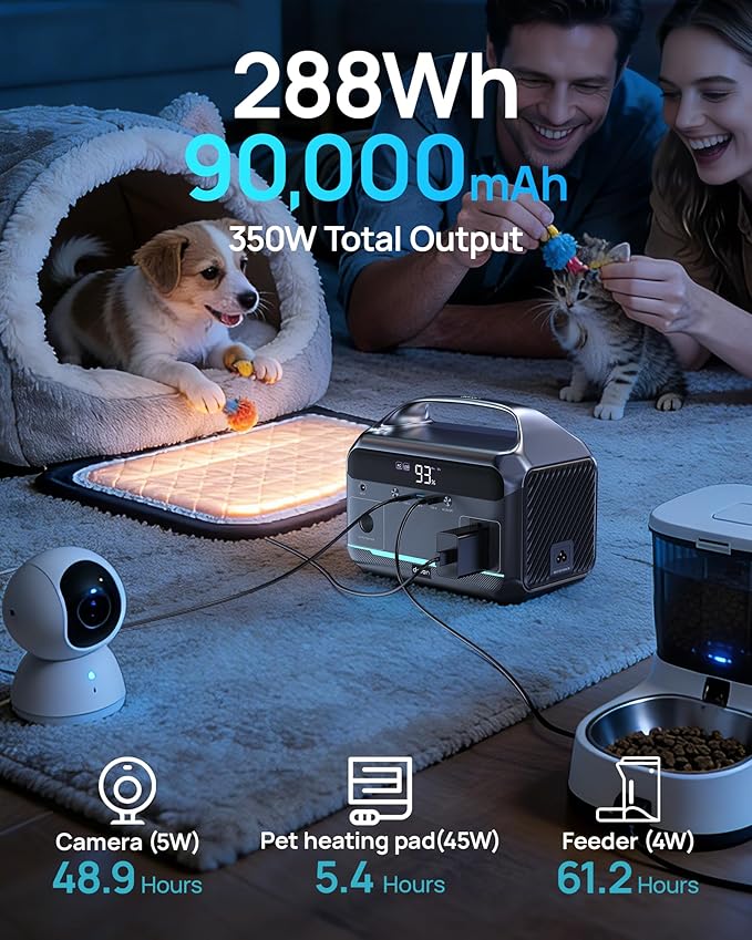 DARAN Portable Power Station 350W (600W Surge), Solar Generator 288Wh(90,000mAh) LiFePO4 Battery Backup with AC Outlets, 7-Port Design Power Bank for Camping, Hurricane Emergency RV