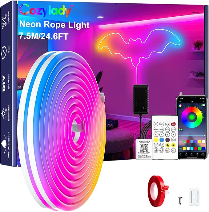 Cozylady RGB Neon LED Rope Lights, Waterproof Bluetooth APP Remote Control Music Sync Strip Lights, 24V Flexible DIY Silicone Light for Bedroom Home Indoor Outdoor Decor (7.5M/25Ft)