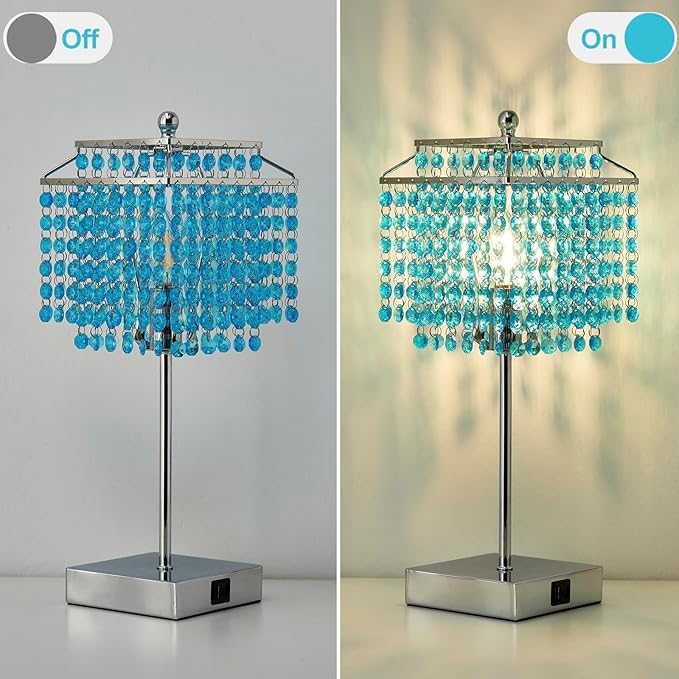 Luvkczc Crystal Table Lamp with Touch Control, Bedside Crystal Table Lamp with USB C+A Ports, Dimmable Lamp for Girls Bedroom, Living Room, Light Blue & B11 LED Bulb Included