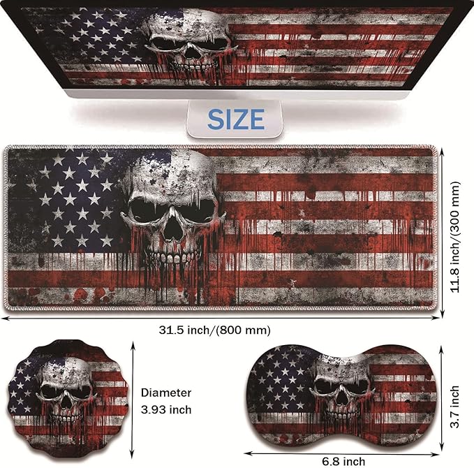 Extended Non-Slip Mouse Pad + Mouse Wrist Rest + Lace-Shaped Coaster Set, Ergonomic Design, Suitable for Desk and Home Gaming Table Mat, A Cross and an American Flag