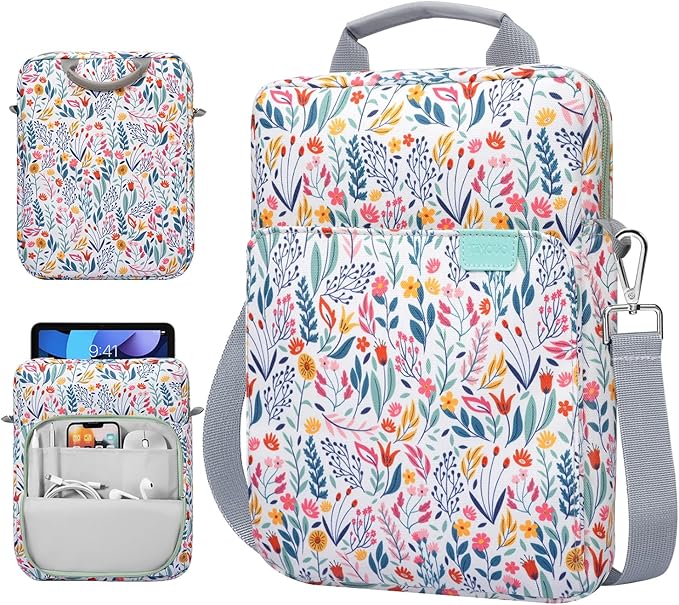 TiMOVO 9-11 Inch Tablet Sleeve Bag with Shoulder Strap for iPad 11-inch A16 2025, iPad 10th Gen. 10.9"/10.2", Galaxy Tab A9+/A11Plus 11", Flowers