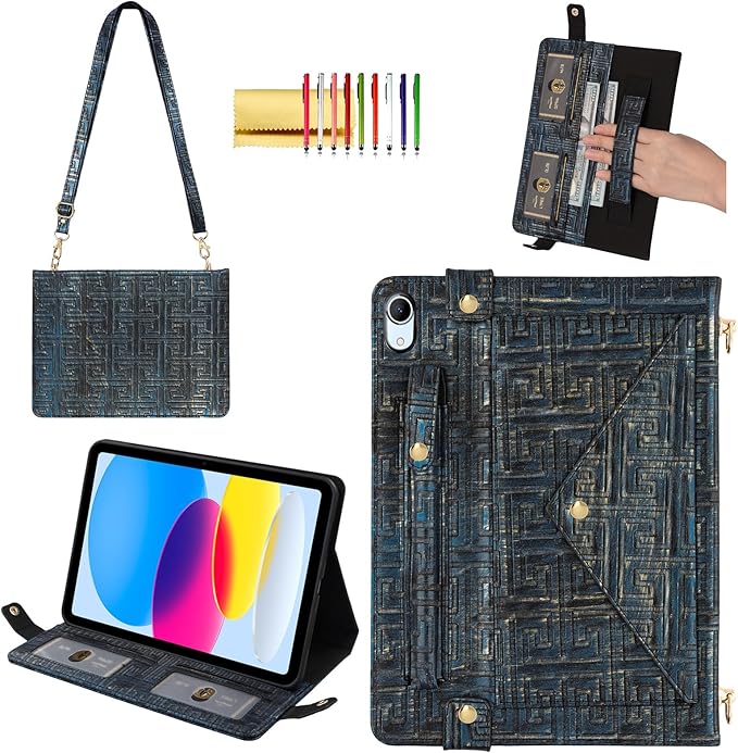 Handbag Case for iPad A16 11th/10th Generation (2025/2022) 11-inch - Techcircle Vintage Maze Pattern Crossbody Folio Stand Cover w/Pencil Holder, Card Slots, Hand Strap, Shoulder Strap, Retro Navy
