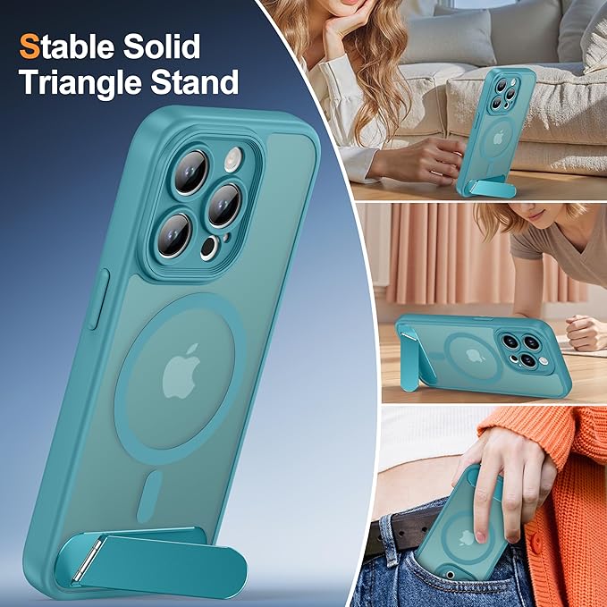 Magnetic Compatible with iPhone 15 Pro Case, [Built-in Kickstand][Full Camera Protection][Compatible with MagSafe][Anti-Fingerprint] Shockproof Phone Case for iPhone 15 Pro 6.1",Lake Blue