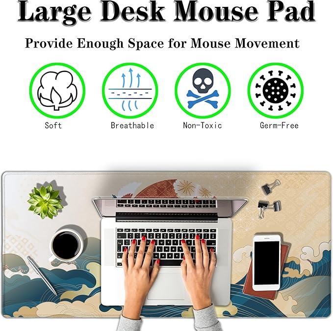 Gaming Mouse Pad Japanese Great Wave Blue Desk Pad, Big Mouse Pads Office Desk Pads, Mouse Mat Non-Slip Rubber Base Waterproof with Stitched Edges, 35.4 X 15.7 inch Oriental Pattern