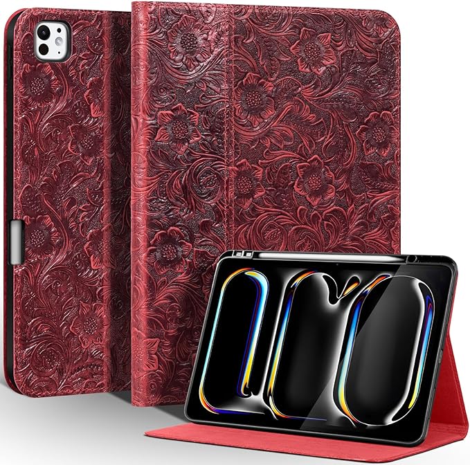 Gexmil Genuine Leather Case for iPad Pro 13 Inch (M5/M4) 2025/2024 with Pencil Holder,Protective Shockproof Smart Leather Folio Cover Adjustable Stand Auto Sleep/Wake,Floral Red