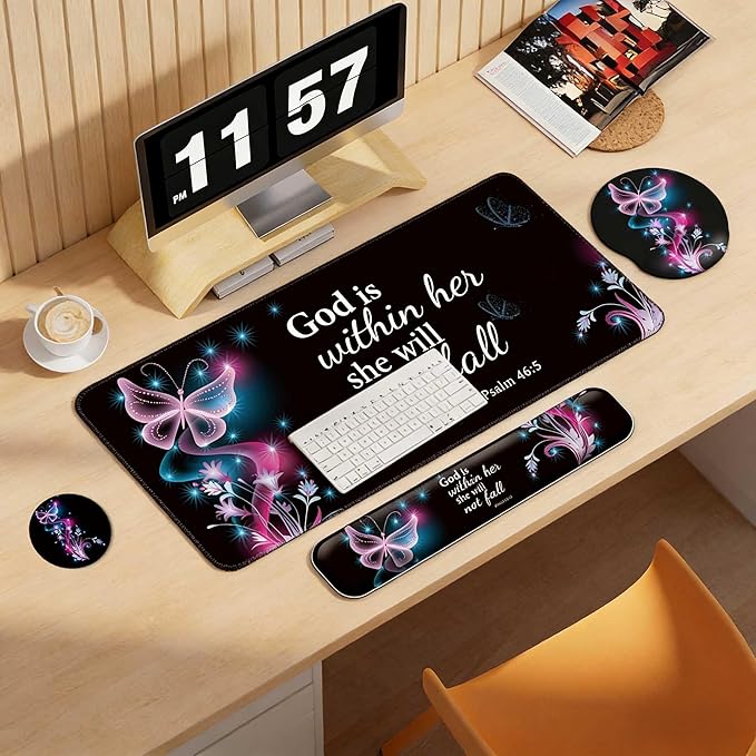 Desk Mat Set + Keyboard and Mouse Pad with Wrist Rest Support,4-in-1 Large Mousepad Computer Mats for Desktop Home & Office-Purple Butterflies