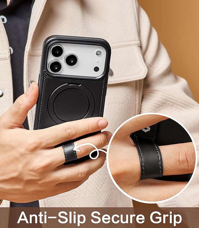 Butaiga for iPhone 17 Pro Max Leather Case with Stand, Anti-Slip Grip Ring, Fits for MagSafe (Black, iPhone 17 Pro Max)