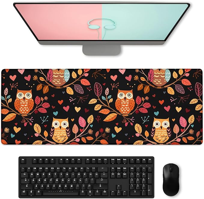 Colorful Owl and Heart Gaming Mouse Pad, Large Desk Mat with Autumn Leaves for Laptop Keyboard Computer, Non-Slip Rubber Base Desktop Extended Mousepad for Office Home Accessories 31.5"×11.8"