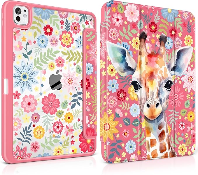 Case for iPad Pro 11 inch (M5) 2025 (M4) 2024 Release Slim Lightweight Cute Hot Pink Cover with Clear Back TPU Edge Pencil Holder Trifold Stand, Giraffe
