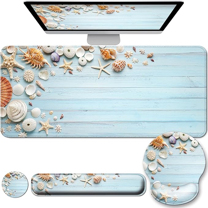 Desk Mat Set + Keyboard and Mouse Pad with Wrist Rest Support,4-in-1 Large Mousepad Computer Mats for Desktop Home & Office-Blue Shells