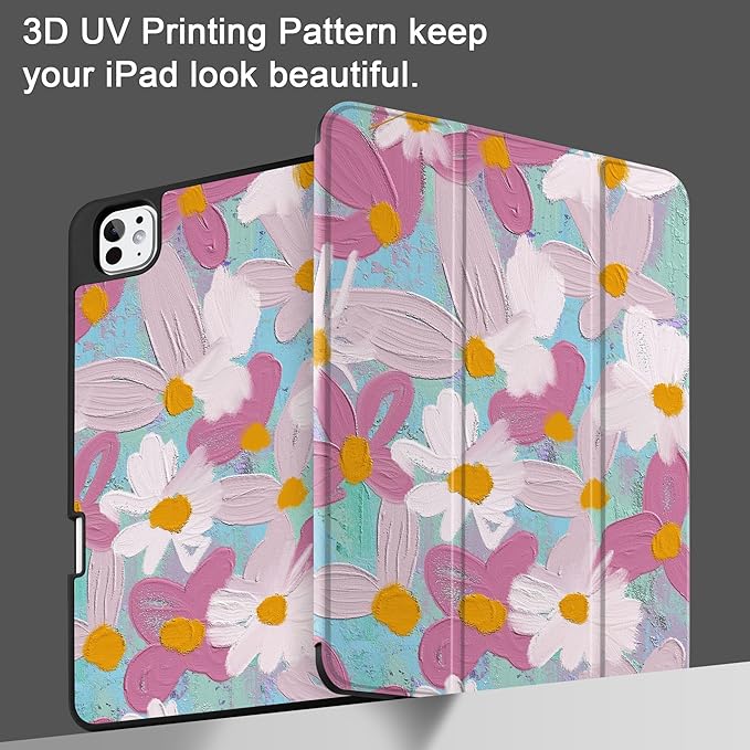 MEEgoodo Case for M5 iPad Pro 11 inch 2025/M4 iPad Pro 11 inch Case 2024, Tablet Cover with Trifold Stand & Pencil Holder & Auto Wake/Sleep & Soft TPU Back Cover, Art Plants Floral